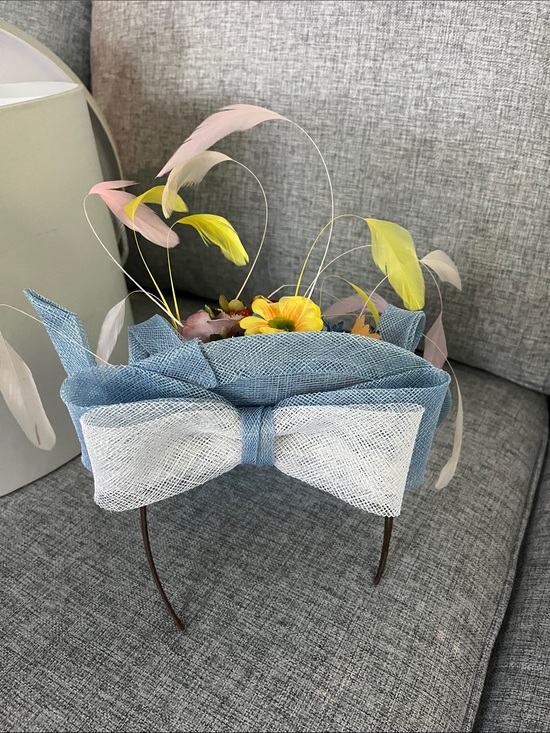Karen Morris Millinery Light Blue Floral Feather Fascinator Hat